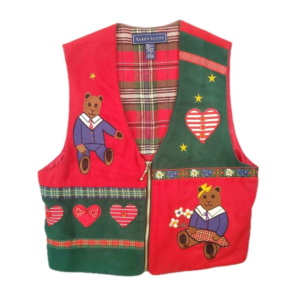 Karen Scott Christmas Holiday Vest Teddy Bears & Hearts Size S Lightweight Zip